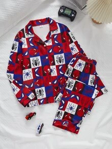 男孩紅色底俏皮蜘蛛面具圖案 BOOOM 針織領長袖褲子 2 件套居家服，舒適阻燃面料製成，適合男孩居家休閒穿著，男孩最佳禮物 - 彩色 - 查看 3
