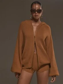 MUSERA كارديجان محبوك أصفر خردلي فضفاض كبير الحجم بأكمام طويلة، إطلالة أنيقة للخريف والشتاء - لون برتقالي - مشاهدة 1