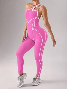 SHEIN Core Rhythm 女款鏤空設計健身性感運動連身褲 不對稱領口 秋季 - 粉色 - 查看 3