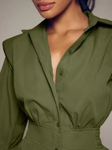 Hauture Women's Sexy Casual Collared Front Button Barrel Shape Long Sleeve Padded Shoulder Jumpsuit - Army Green - View 4