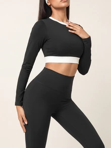 SHEIN BAE تي شيرت رياضي كاجوال يومي بأكمام طويلة وتصميم ألوان متباينة للنساء - الأسود - مشاهدة 5