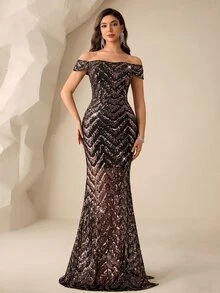 Coutiva Sequin Off-Shoulder Slit Elegant Evening Gown - Black Gold - View 8