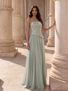 Coutiva Women's Sequin Ruched Elegant Formal Waist-Cinched Strapless Evening Prom Graduation Dress Sage Green Fall New Year Luxury Prom Dresses - Dusty Blue - View 5