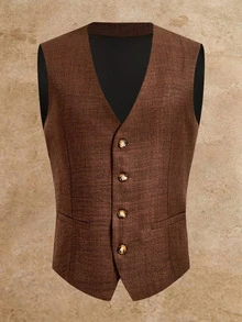 HIMLAND Men's Solid Color Vest, Long Sleeve Jacket And Pants Casual Suit Set - Brown - View 3