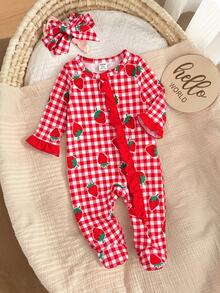 SHEIN Newborn Baby Cute Knitted Casual Cartoon Pattern Romper & Headband Set - Red and White - View 3