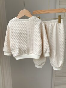 2件組嬰兒男童/女童白色紋理布料圓領長袖套頭運動衫與鬆緊腰長褲慢跑褲套裝，秋冬款 - 杏色 - 查看 2