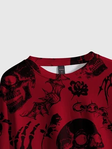 ROMWE Goth 暗黑哥德神秘骷髏森林荊棘玫瑰恐怖萬聖節圓領長袖女款衛衣，秋冬春季 - 紅色 - 查看 4