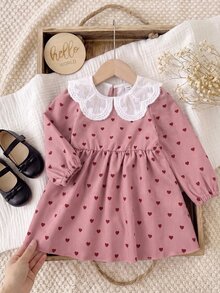 SHEIN Gaun Kasual Musim Panas Sehari-hari Berlipit Motif Hati untuk Bayi Perempuan - Berwarna merah muda - View 10