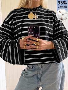 SHEIN EZwear Women's Minimalist Striped Colorblock Long Sleeve T-Shirt - Black - View 1
