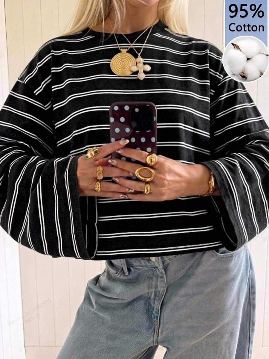 SHEIN EZwear Women's Minimalist Striped Colorblock Long Sleeve T-Shirt - Black - View 1