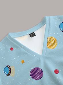 PopScrub Fun Universe Planet Spaceship Blue Women's Scrub Uniform Top - Multicolor - View 5