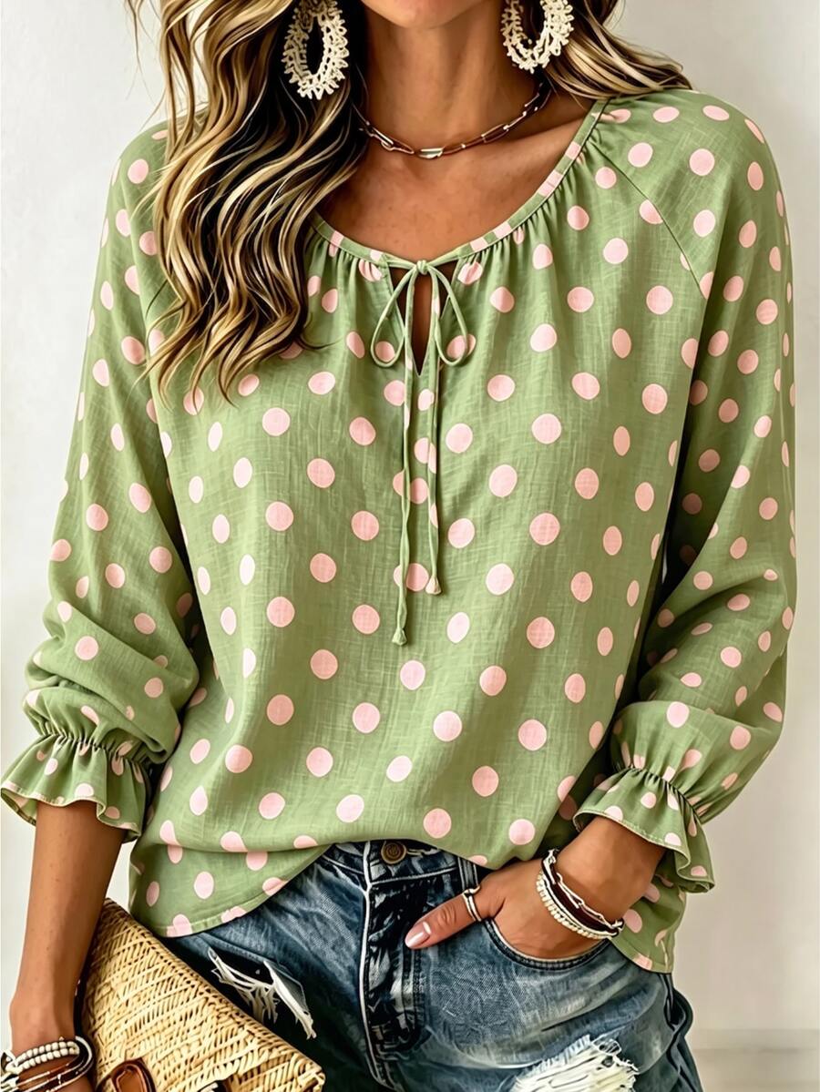 SHEIN LUNE EMERY ROSE Women's Summer Green Polka Dot Print Fabric Design Tie-Knot V-Neck Ruffle Long Sleeve Loo Fall - Multicolor - View 1