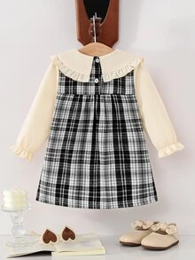 Souflis Souflis 幼女格紋洋裝，甜美優雅奶油黑蝴蝶結荷葉邊長袖彼得潘領，合身派對秋季假期芭蕾舒適公主風百褶裙 - 黑與白 - 查看 2