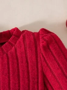 SHEIN Vintaside Kids 1件女嬰甜美紅粉色薑餅人蝴蝶結羅紋長袖泡泡袖圓領休閒冬季公主風舒適A字蓬蓬裙 - 酒紅色 - 查看 7