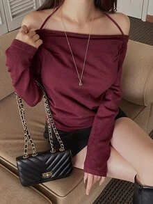DAZY Solid Color Fitted Pleated Halter Neck Straight Neckline Elegant Vacation Korean Style Autumn/Winter Women's Sweater - Burgundy - View 5