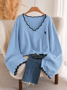 CosyJoli Plus Size Women's Curved V-Neck Knight Graphic Long Sleeve Casual Pullover Sweater - Blue - View 1