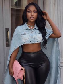 Slaydiva ملابس علوية جينز نسائية عصرية متعددة الاستخدامات مزينة بحلقات معدنية - الأسود - مشاهدة 5