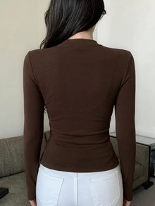 DAZY 女款夏季小立領長袖修身裹身性感休閒百搭打底T恤 - 鏽棕色 - 查看 7