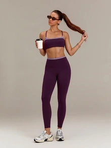 GLOWMODE FeatherFit™ Gingham Glow Soft Sweat-Wicking Gingham Trim Sports Bra With Varsity Style Logo Removable Cups Low Impact Yoga Studio Pilates Daily Wear - Bold Plum - View 7
