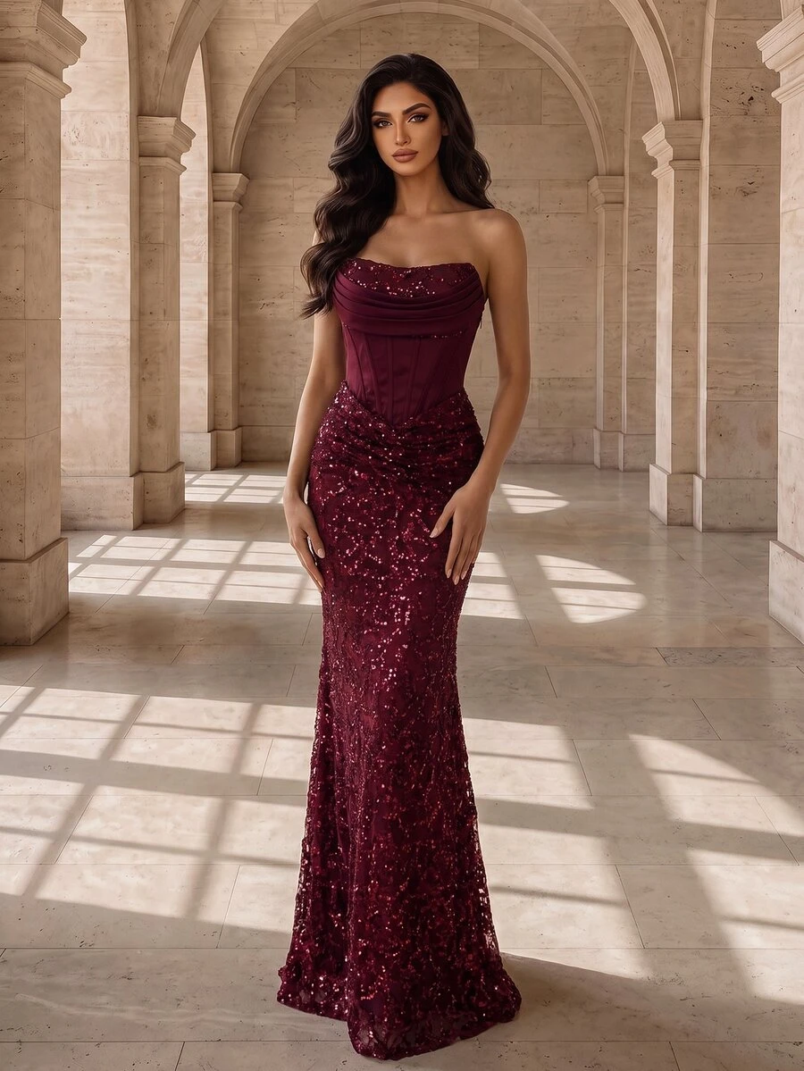 Coutiva High-End Evening Gown With Premium Sequin Strapless Mermaid Tail Elegant Luxury Dress - Burgundy - View 1