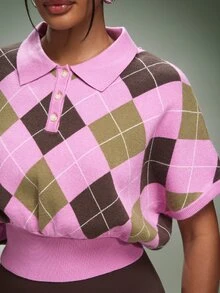 Denimoi Cinched Waist Collared Sweater Argyle Pattern Fashion Sweaters Cold Weather Fall Winter - Multicolor - View 6
