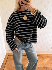 SHEIN EZwear Women's Minimalist Striped Colorblock Long Sleeve T-Shirt - Black - View 3