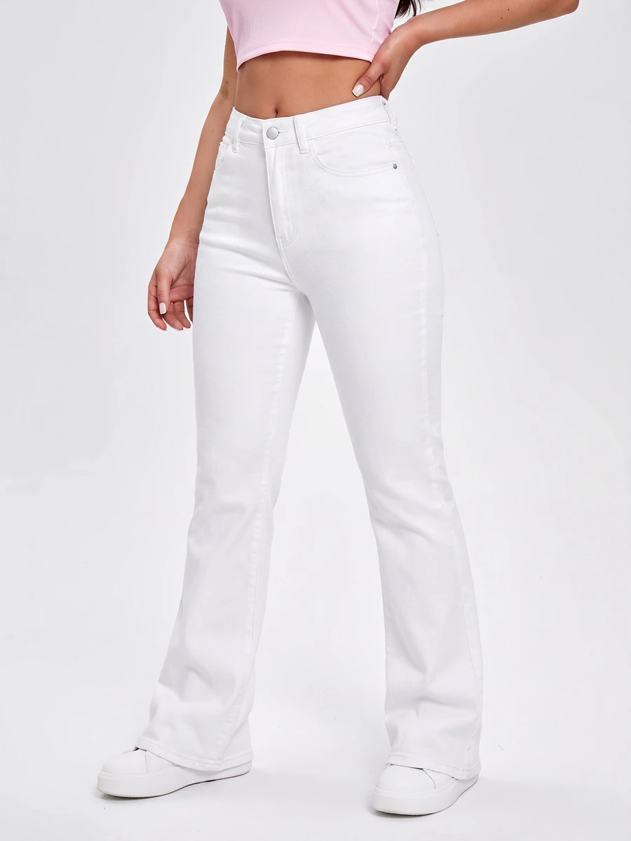 SHEIN EZwear Women's Waist Button Design Dual Pocket Casual Versatile Fashion Denim Jeans - White - View 1