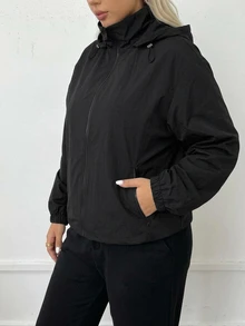 Dazy Plus Plus Size Women's Long Sleeve Zipper Stand Collar Hooded Outdoor Jacket - Black - View 3
