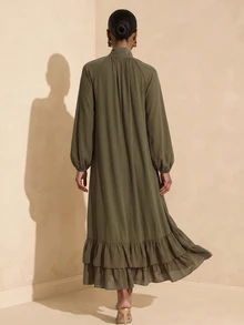 SHEIN Veneréa 慵懶風立領荷葉邊雪紡長洋裝 - 咖啡 - 查看 2