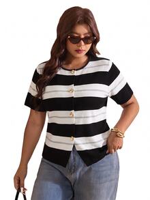 CosyJoli Plus Size Cardigan, Knit Top, Short Sleeve Spring/Summer Casual Elegant Women's Striped Top, Office Wear Air Conditioning Fall/Winter - Multicolor - View 3