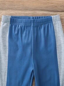 SHEIN 小男孩條紋圖案休閒簡約修身舒適加厚長袖圓領居家褲，適合秋冬 - 彩色 - 查看 3