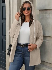 SHEIN Plus Size Women's Textured Long Sleeve Zipper Front Casual Drawstring Hooded Jacket - Khaki - View 6