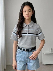 DAZY Basic Collared Striped Colorblock Short Sleeve T-Shirt For Girls (Large) - Grey - View 3