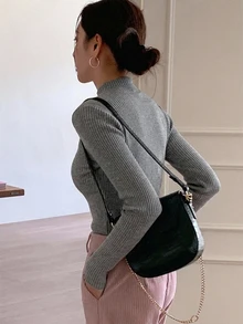 DAZY 女款韓式簡約羅紋長袖針織衫，適合日常穿著 - 灰色 - 查看 2