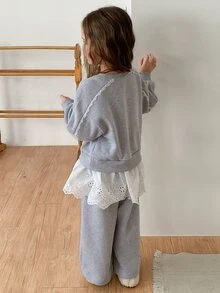 Dazy Kids Young Girl Fashion Lace Patchwork 2 In 1 Sweatshirt And Pants Set - Light Grey - View 2