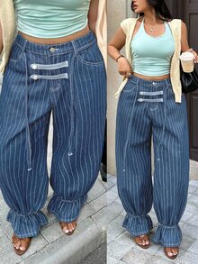 Rivivi Plus Size Women Non-Stretch Denim Cuffed Deep Blue Striped Lantern Pants Cowboy Outfits For Women - Medium Wash - View 8
