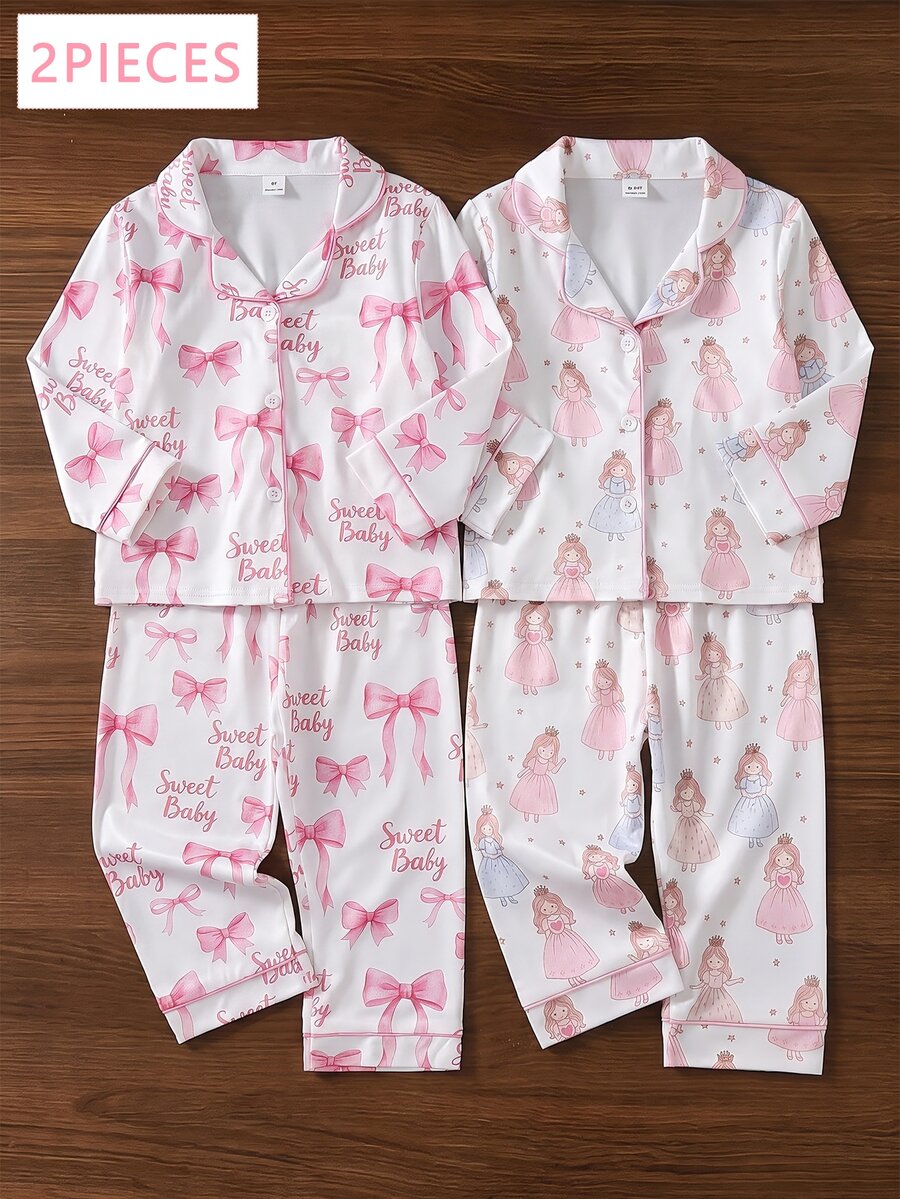 SHEIN 女童甜美可愛優雅休閒日常舒適粉色蝴蝶結英文字卡通印花開襟長袖上衣與長褲兩件套 柔軟親膚針織面料居家服 - 粉色 - 查看 1