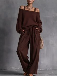 LUMIGAL Women's Solid Color Casual Daily Long Sleeve Sweater - Brown - View 4