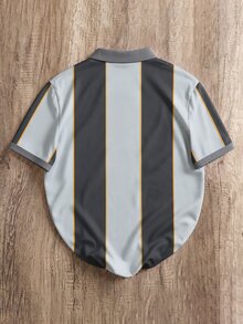 OldRiff 男士百搭條紋字母印花短袖 Polo 衫 - 灰色 - 查看 2