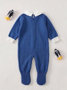SHEIN Newborn Baby Cartoon Pattern Casual Daily Long Sleeve Jumpsuit - Blue - View 2