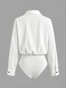 Franclia White Drop Shoulder Long Sleeve Contrast Button Lapel Utility Pocket Design Women's Bodysuit Shirt - White - View 2