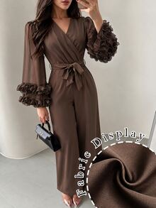 Modelyn Autumn/Winter Elegant Fashion V-Neck Cross Ruffle Long Sleeve Jumpsuit With Bow Waist Belt And Draped Wide Leg Pants For Women - Coffee Brown - View 14
