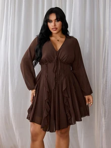 Rustia Plus Size Women's Casual Commute Daily Minimalist Woven Long Sleeve Autumn Dress Fall - Brown - View 1