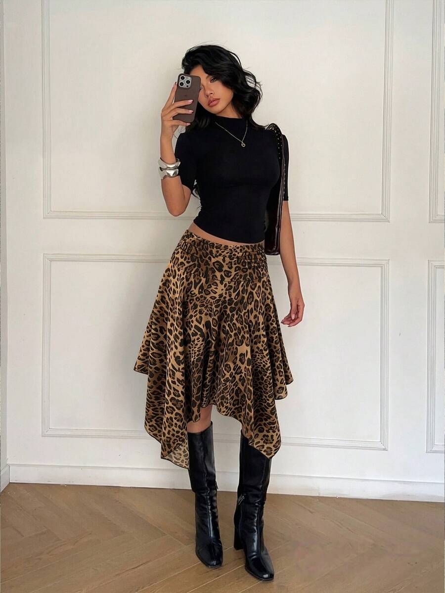 Aloruh Women's Spring/Summer New Pattern Low Waist Asymmetrical Hem Leopard Print Skirt, Vintage Y2K Streetwear - Brown - View 1