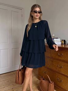 Serisse Women's Elegant Pleated Multi-Layer Ruched Long-Sleeved Dress For Autumn, Party Casual , Fall - Navy Blue - View 4