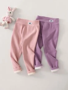 SHEIN 2pcs Girls' Autumn/Winter Bow Embroidery Pattern Thermal Leggings, Casual Daily Wear - Multicolor - View 3