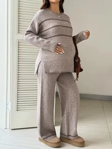 SHEIN Maternity Crew Neck Sweater & Pants Casual Fashion Set - Khaki - View 3