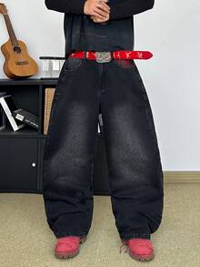 男士哥德風蜘蛛網刺繡寬鬆牛仔褲，黑色水洗寬腿街頭風丹寧長褲 - 黑色 - 查看 3