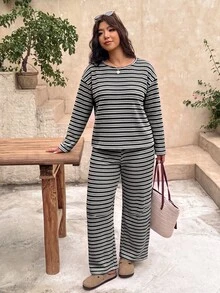SHEIN Frenchy 大尺碼女款條紋長袖上衣與長褲休閒日常兩件套，適合秋季/冬季休閒日常外出與居家穿著 - 彩色 - 查看 7