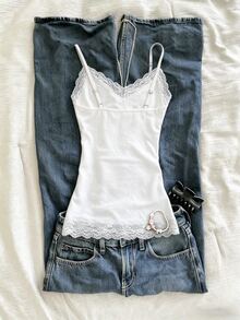 IslaSuriya Women's Solid Color Lace Patchwork Fitted Camisole Tank Top, Versatile For Daily Wear - White - View 2